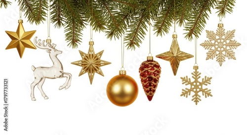 Assortment of festive christmas ornaments hanging isolated on white background