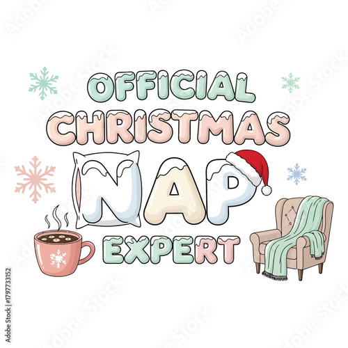 Official Christmas nap expert typography with soft bubbly letters, pillow icon in A and pastel winter theme in clean vector style