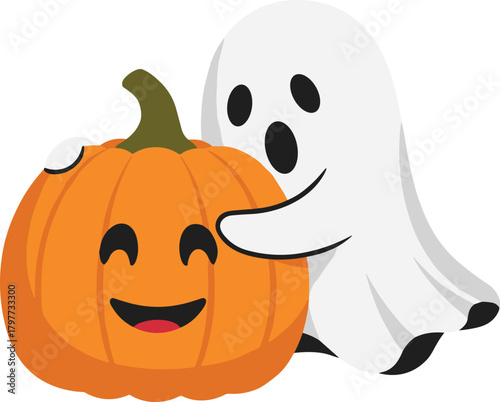 Cute Ghost Hugging Smiling Pumpkin Halloween Vector Illustration