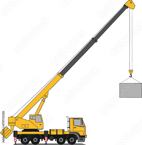 Mobile Crane Truck with Extended Telescopic Boom Lifting Block Vector