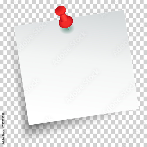Blank white sticky note paper pinned by a bright red thumbtack.