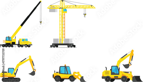 Construction Machinery Set with Crane, Excavator and Loader Vector