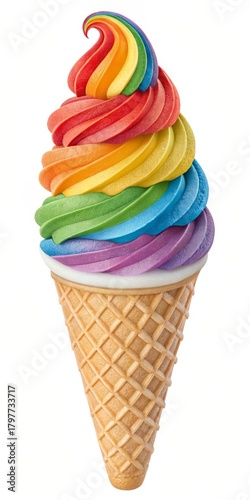 Summer treat photography: rainbow ice cream cone, vibrant pastels, soft lighting, great for digital campaigns