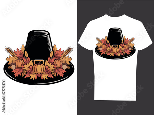 Pilgrim hat with fall wreath design. thanksgiving
day t-shirt design 