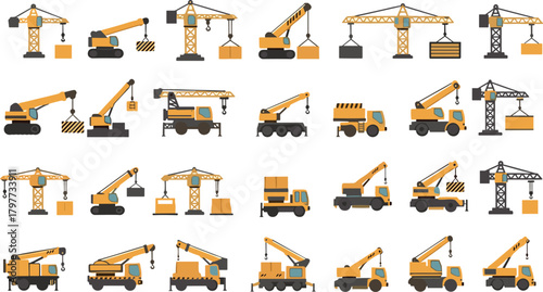 Large Vector Set of Construction Cranes and Heavy Machinery Equipment