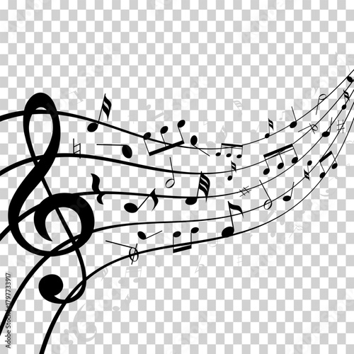 Elegant black musical notes flowing on staff with a treble clef