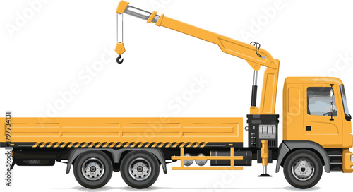 Yellow Flatbed Truck with Hydraulic Crane Vector Illustration