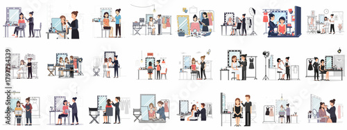 Professional Makeup Artist Illustration Set: Applying Cosmetics to Women in Dressing Rooms, Studios, and Backstage Environments.