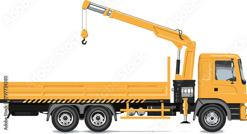 Yellow Flatbed Truck with Hydraulic Crane Realistic Vector Illustration