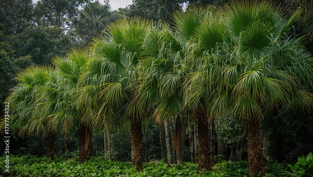 Obraz premium Row of palm trees in a dense tropical forest, showcasing seasonal change