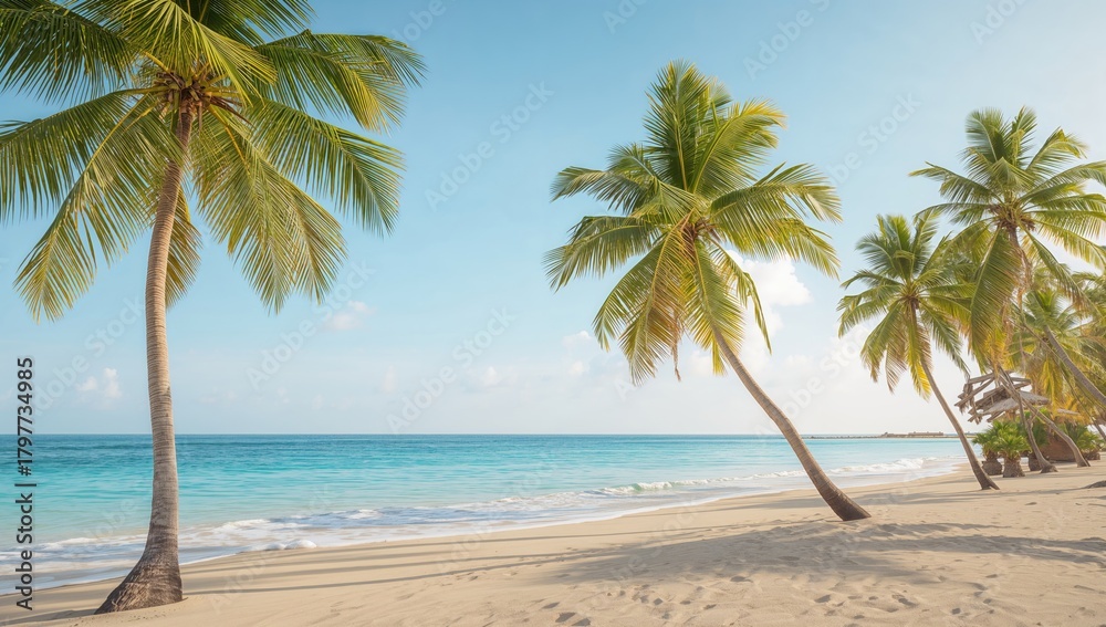 Obraz premium Palm-lined beach, serene tropical getaway, seasonal relaxation