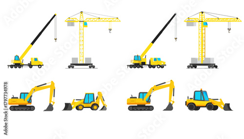 Construction Vehicles Vector Set with Cranes, Excavators and Loaders