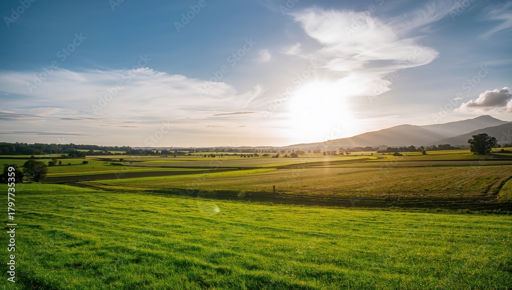 Fototapeta premium Bright rural landscape featuring farm fields and meadows, suitable for editorial header background