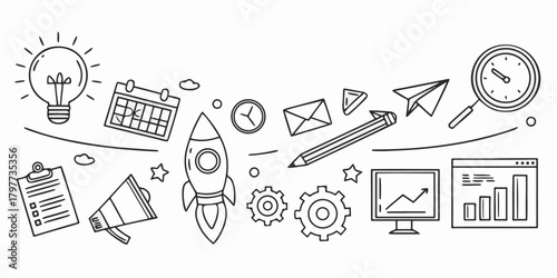 Minimal sketch-style business icons including rocket launch, charts, target, email, clock, pencil, gears, calendar, analytics screen, and paper plane. Clean vector doodle set for startup and workflow 