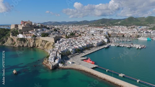 Aerial View of Dalt Vila (Eivissa Old Town) and the Busy Boat and Ferry Marina in Ibiza, Balearic Islands	