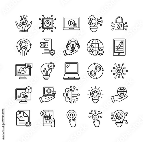 Technology icon set collection. Containing services, operation, program, efficiency, profit, touch, agreement.Line vector icons collection