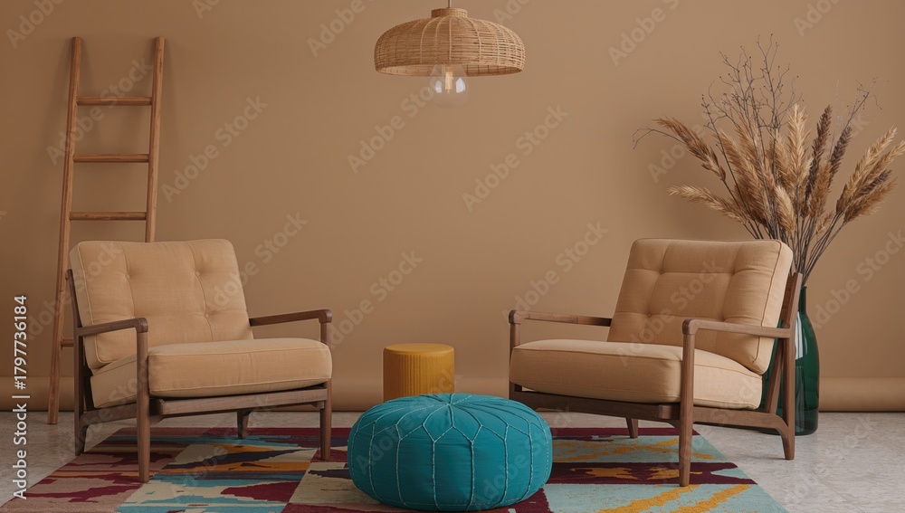 Fototapeta premium Cozy lounge featuring retro armchairs, a ladder, woven lamp, ottoman, and a decorative vase with twigs.
