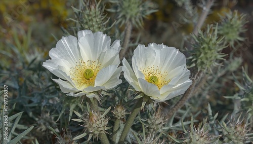 Prickly Poppy flowers with white petals and glaucous leaves, showcasing their unique flora characteristics, seasonal change