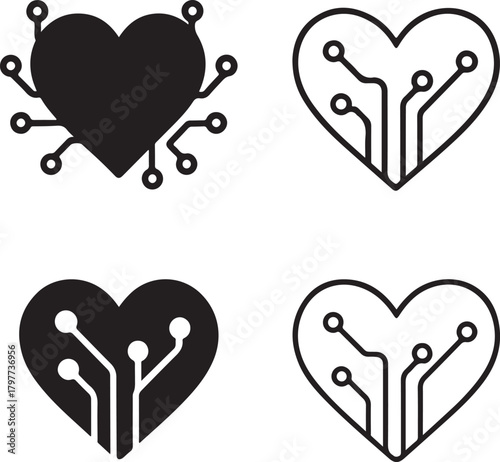 Circuit Heart Icon Set, tech heart icons, digital love symbols, minimal filled heart, thin stroke heart vector, solid black circuits, isolated heart icon set buyers