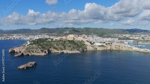 Aerial View of Dalt Vila (Eivissa Old Town) and the Busy Boat and Ferry Marina in Ibiza, Balearic Islands	