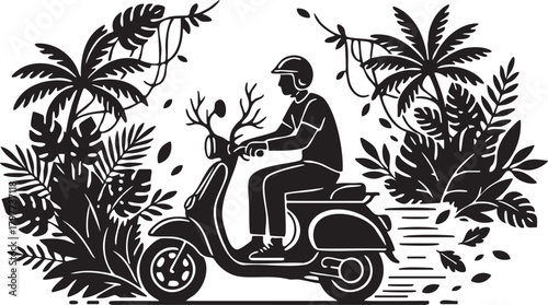 Isolated a kind of scooter rider in tropical jungle setting vector silhouette depicting adventure exploration mobility and exotic travel experiences