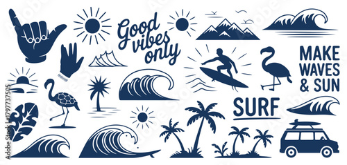 tropical beach surf graphic icon set