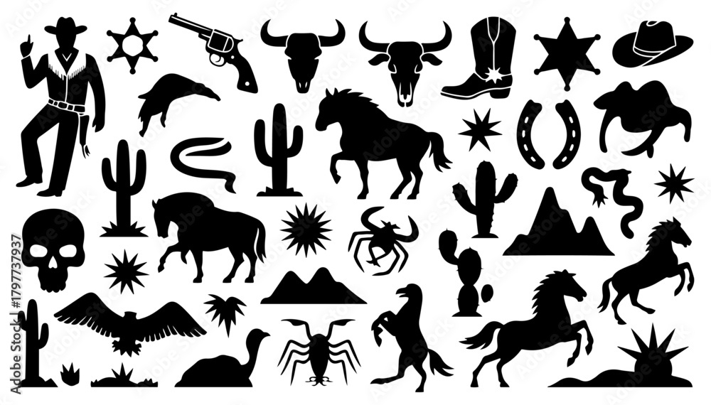 Naklejka premium black western cowboy desert icon set