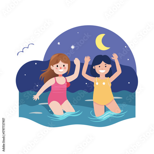 Two girls having fun in the sea during the night.icon