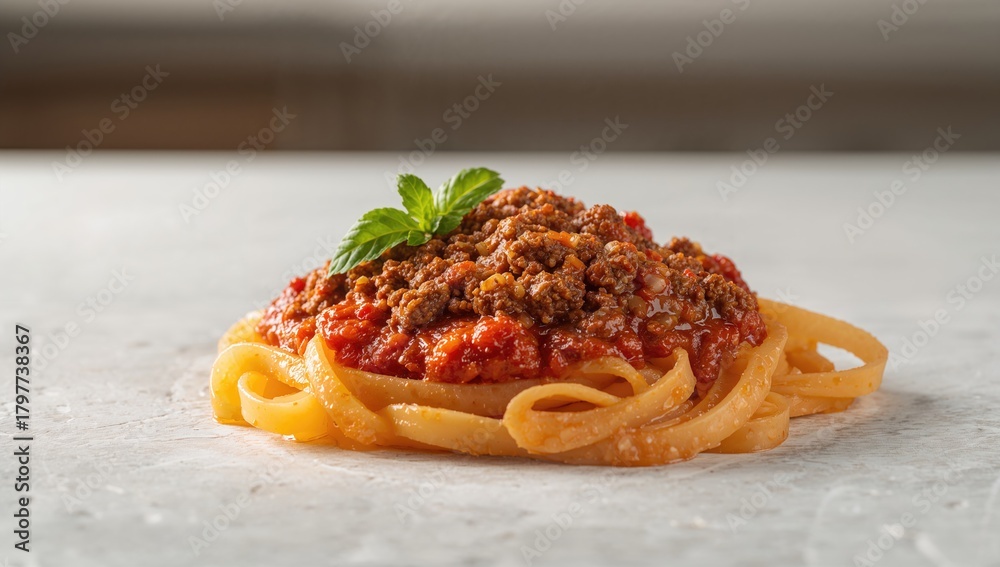 Fototapeta premium Ground beef pasta with tomato sauce on a white stone surface, fiber-dense choice