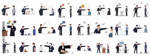 Vector illustration set of lawyers, judges, and legal professionals pointing and accusing clients or defendants, symbolizing confrontation and judgment.