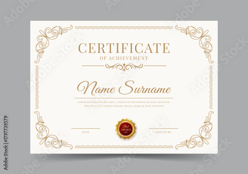 Elegant and luxurious certificate template with badge. Classic frame pattern diploma