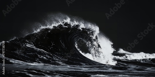 Fototapeta Naklejka Na Ścianę i Meble -  A dramatic dark monochrome photograph of a powerful ocean wave breaking with white spray against a deep black sky