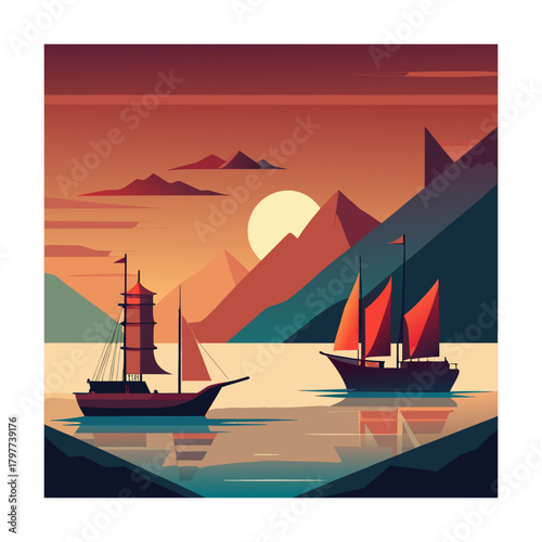 Serene sunset sailboats glide across calm waters near mountainous landscape