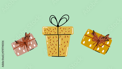 Vector illustration of Christmas gift boxes with ribbons on green background. Festive holiday design for greeting cards, posters, or winter decorations.
