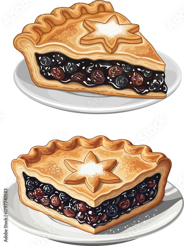 Realistic Mince Pie Slice on Plate Vector Christmas Holiday Dessert
