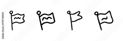 Flag Icons Line Set In Doodle Style. Navigation, Achievement, And Goal Setting Outline Sketch Collection. Hand Drawn Isolated Vector Illustration