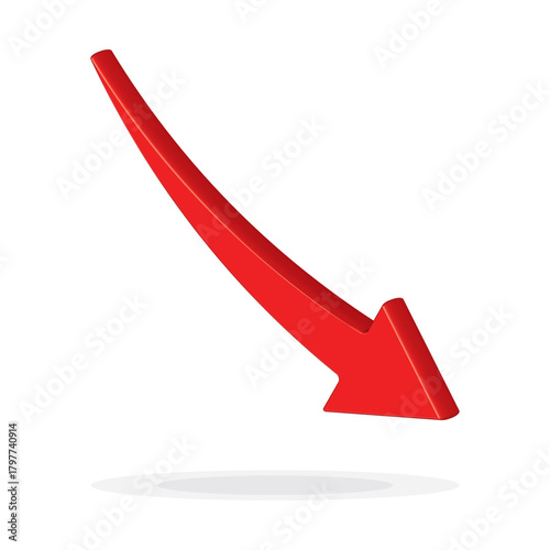 Red 3d arrow going down stock icon on white background. Bankruptcy, financial market crash icon for your web site design, logo, app, UI. graph chart downtrend symbol.chart going down sign. EPS 10.