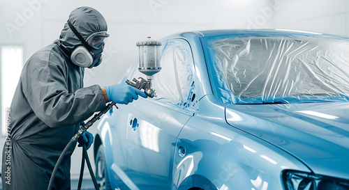 Professional Applying Coating with Spray Gun to a Car Body for Painting Services