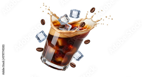 Iced coffee splashing with ice cubes and coffee beans