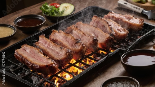 Fototapeta Naklejka Na Ścianę i Meble -  Close-up of grilled meat ribs on a barbecue grill with sauces and garnishes
