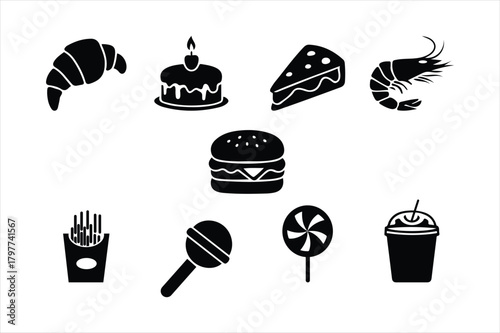 Delicious fast food and sweet treats minimalist vector icons set