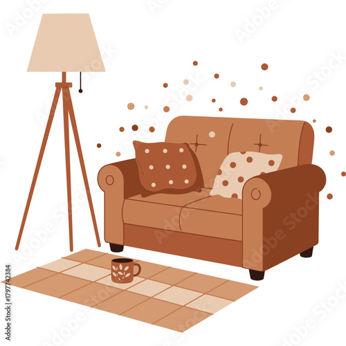 Cozy Living Room Illustration with Sofa, Lamp and Rug couch furniture floor carpet mug coffee tea pillow