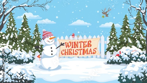 Winter scenery with garden banner showcasing snow-laden trees, bushes, and grass, highlighting seasonal change, Winter Solstice