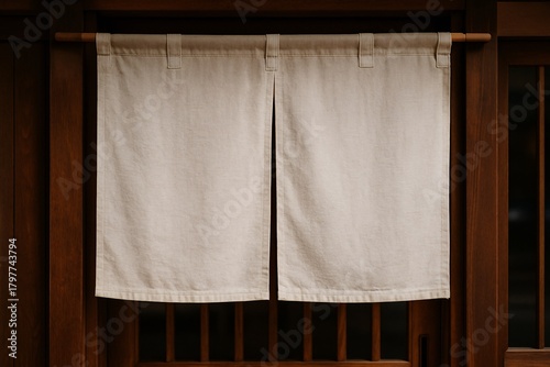 Blank Traditional Noren Curtain on Wooden Door