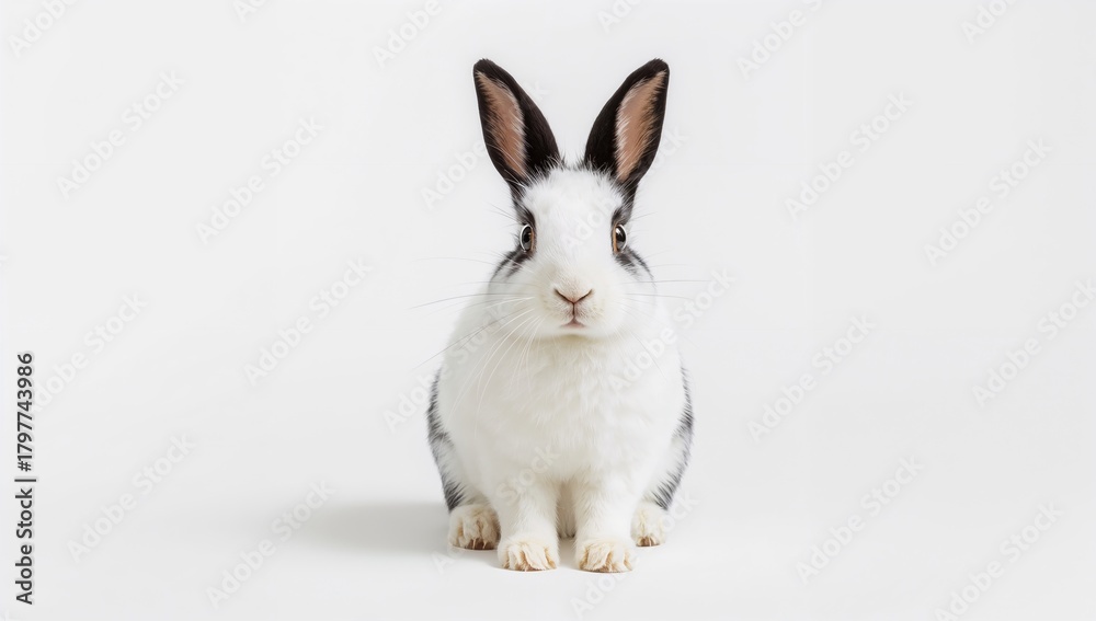 Fototapeta premium White rabbit with black ears on a white background, suitable for editorial use