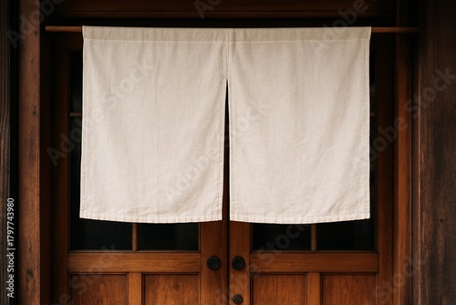 Blank Traditional Noren Curtain on Wooden Door