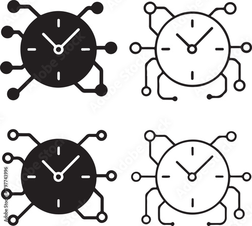 Circuit Clock Icon Set, tech clock icons, digital time design, smart timer outline, minimal filled clock, thin stroke schedule vector, isolated clock icon set for buyers