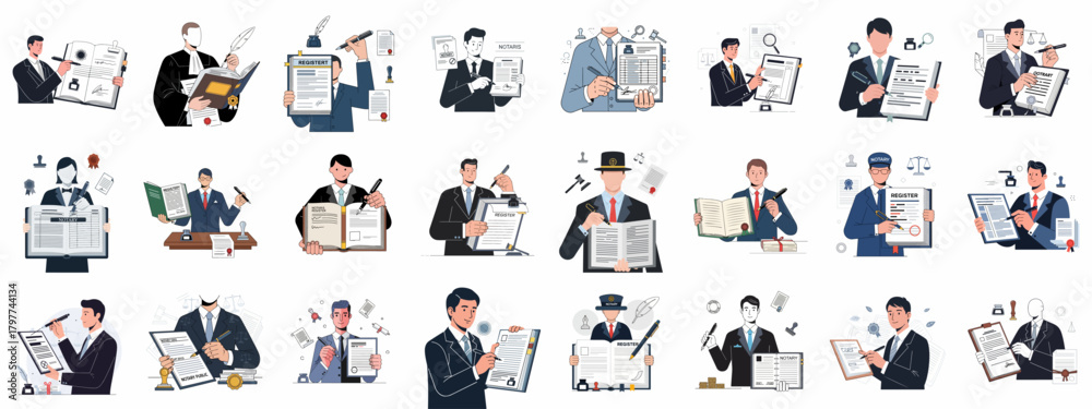 Fototapeta premium Vector illustration set of legal professionals, lawyers, and notaries performing authentication, documentation, and contract signing services.