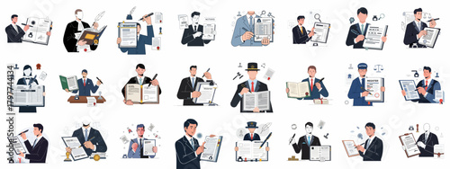 Vector illustration set of legal professionals, lawyers, and notaries performing authentication, documentation, and contract signing services.