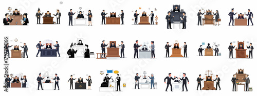Comprehensive vector collection of courtroom scenes, legal proceedings, trials, and justice concepts featuring judges, attorneys, and law symbols in a modern flat style.